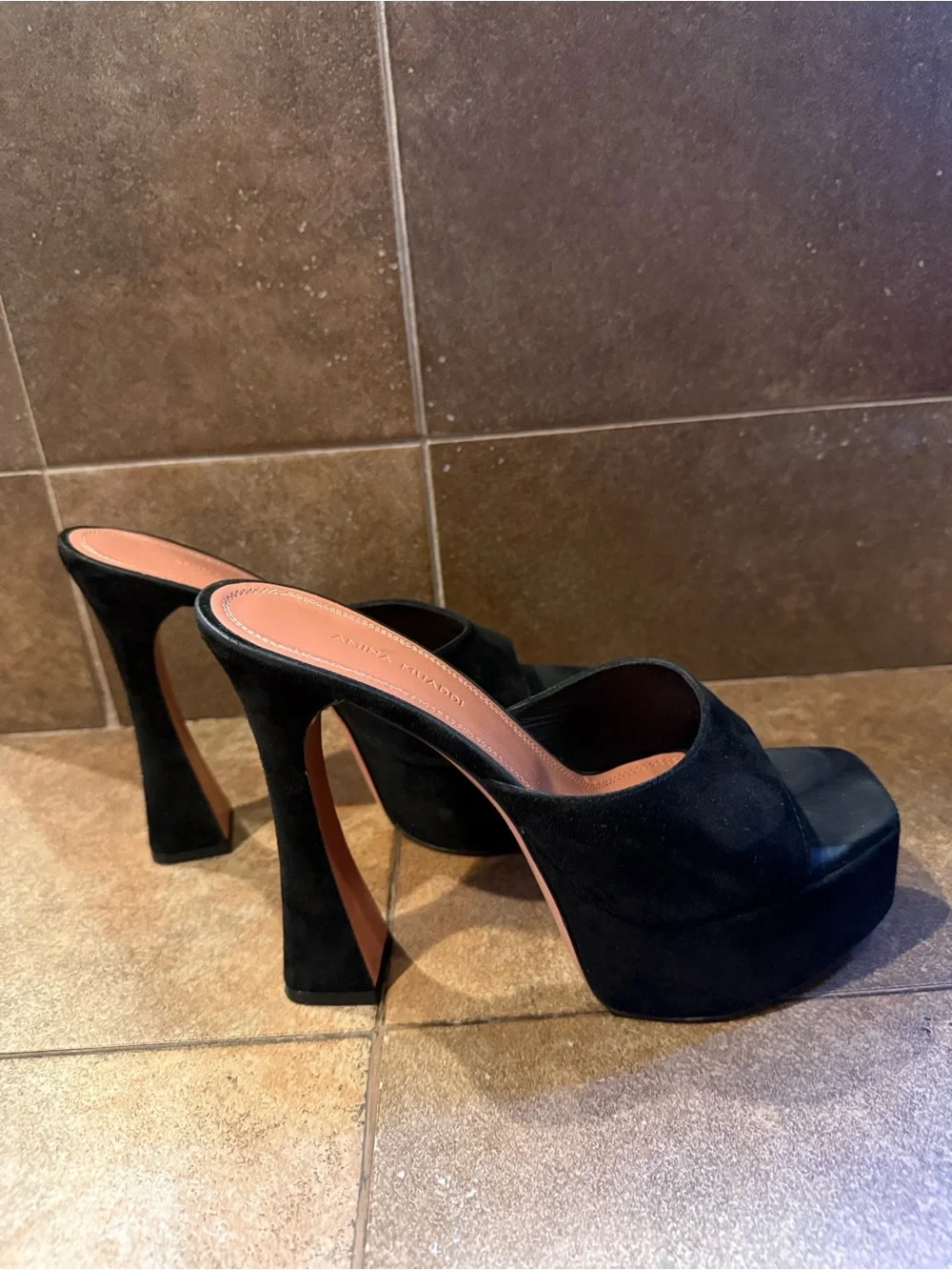 Amina Muaddi Black Suede Open-Toe Platform Mules